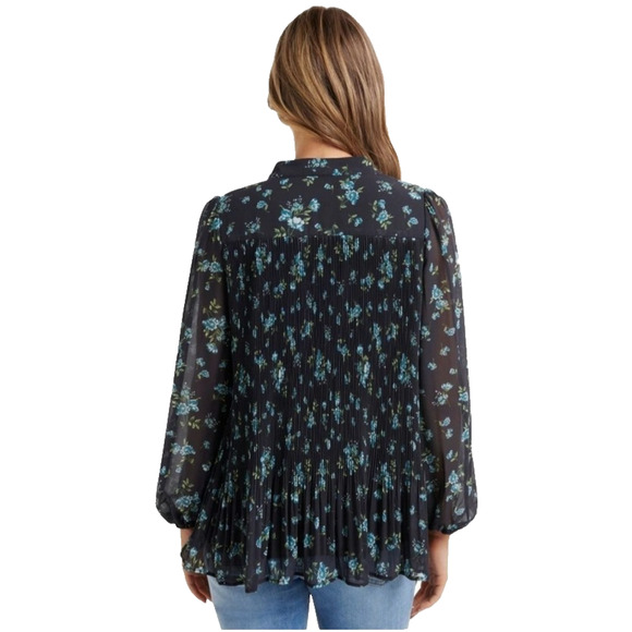 MNG Mango Womens Pleated Floral Blouse Relaxed Necktie Black Cottage Romantic 6 - Picture 4 of 16